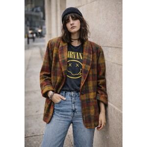 Vtg Dark Academia Women's Plaid Wool Jacket Blanket Stitch Made in USA Medium